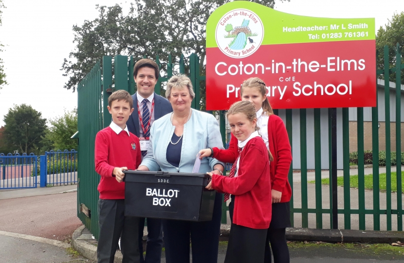Group photo with Heather Wheeler MP, Headteacher, Mr Lee Smith, Owen Ford, Keona Hannon and Rosie Williamson 3 of the 4 candidates. Sadly, Savannah Afzaal was off sick when the photo was taken.