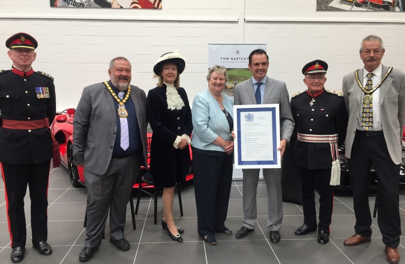 Left to Right: Deputy Lieutenant of Leicestershire, Colonel Hurwood, Chairman of Leicestershire County Council, Ozzy O’Shea, High Sheriff of Derbyshire, Lucy Palmer, Mrs Heather Wheeler MP, Mr Tom Hartley Junior, Lord Lieutenant of Derbyshire, Mr William Tucker, Deputy Chairman of Leicestershire Council Councillor, Michael Specht