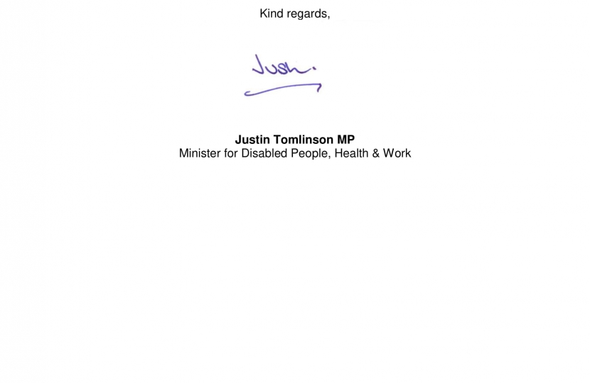 Letter from Justin Tomlinson MP 2