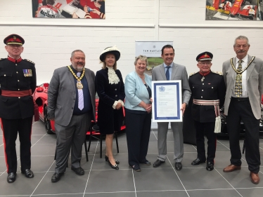 Left to Right: Deputy Lieutenant of Leicestershire, Colonel Hurwood, Chairman of Leicestershire County Council, Ozzy O’Shea, High Sheriff of Derbyshire, Lucy Palmer, Mrs Heather Wheeler MP, Mr Tom Hartley Junior, Lord Lieutenant of Derbyshire, Mr William Tucker, Deputy Chairman of Leicestershire Council Councillor, Michael Specht